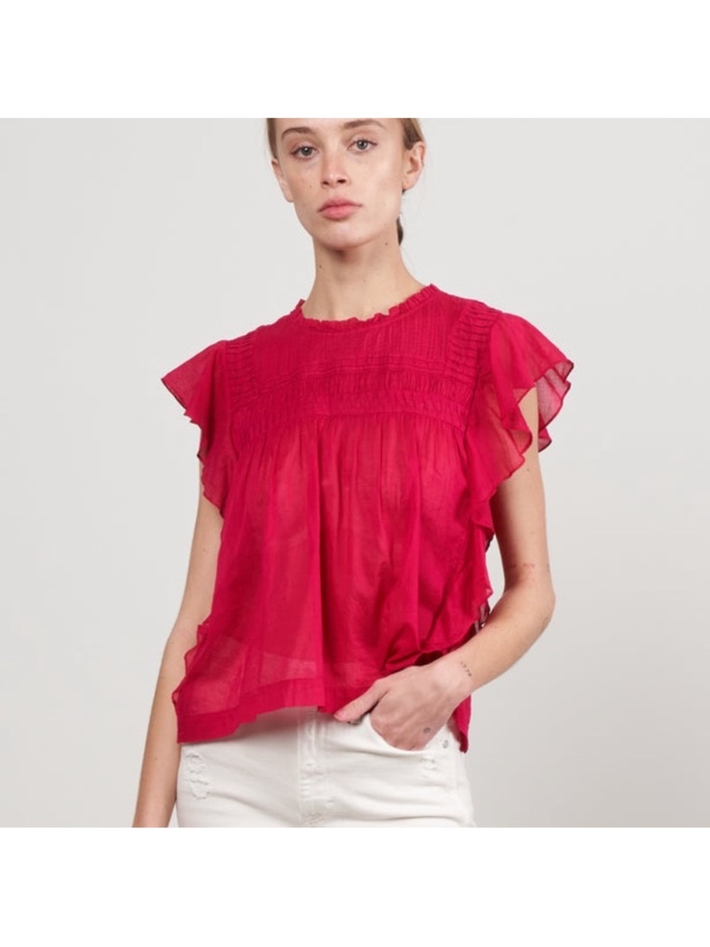 Isabel Etoile Marant Layona Flutter Sleeve Smocked Yoke Top — 36